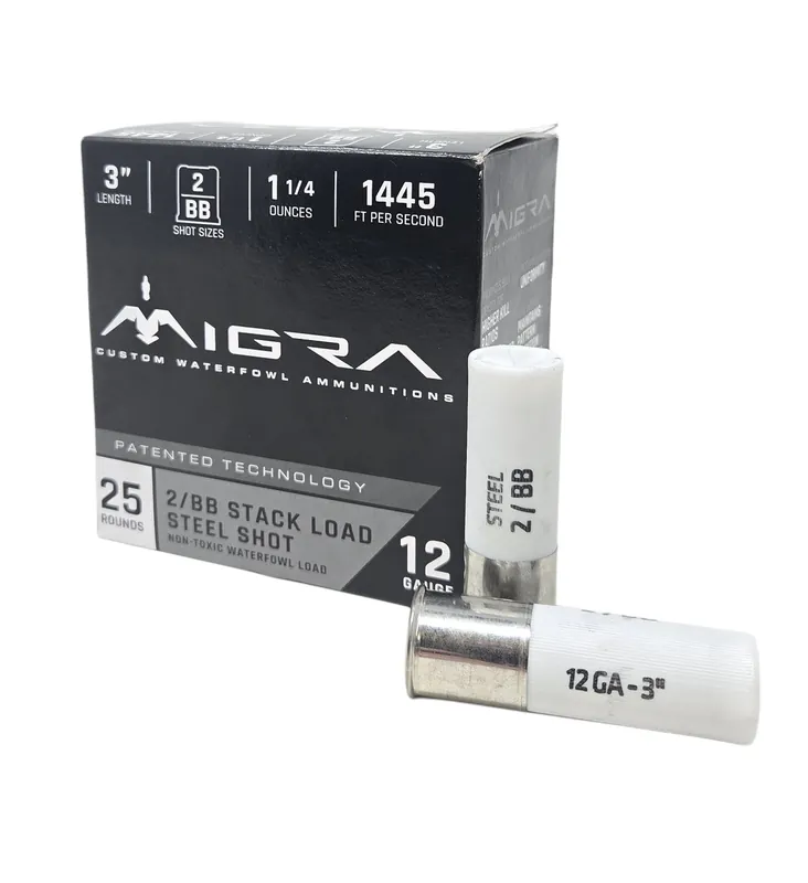 Migra Waterfowl 1445 fps 12 Gauge 3" 1-1/4 oz 2 & BB Stacked Load Steel Shot Shotgun Ammunition