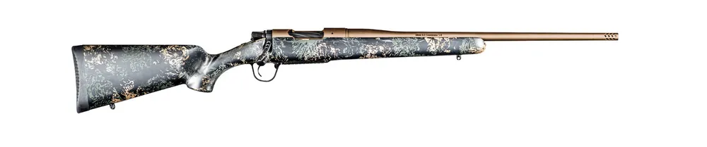 Christensen Arms Mesa FFT 7 PRC Bolt Action Rifle in Burnt Bronze Cerakote Finish with a Green and Tan Accented Carbon Stock