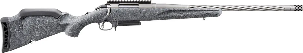 American Gen 2 .243 Bolt Action Rifle with 22 Inch Spiral Fluted Threaded Gun Metal Gray Cerakote Barrel in Gray Splatter Stock by Ruger