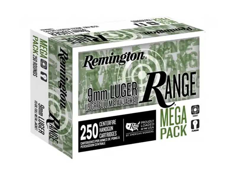 Remington Range Pack 1,150 fps 9mm Luger 115 Grain Full Metal Jacket Brass Cased Handgun Ammunition