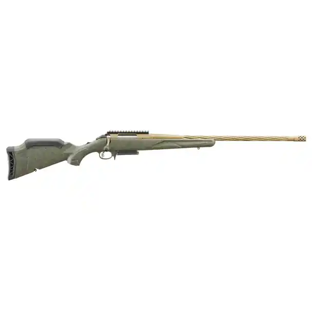 Ruger American Gen 2 Predator 7mm-08 Rem Bolt Action Rifle with 22 Inch Burnt Bronze Cerakote Threaded Barrel and Brake in Green Splatter Stock