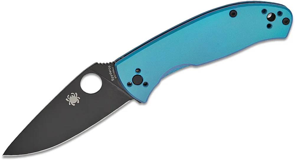 Tenacious Frame Lock Folding Knife Black Plain Blade Blue Titanium Handle by Spyderco