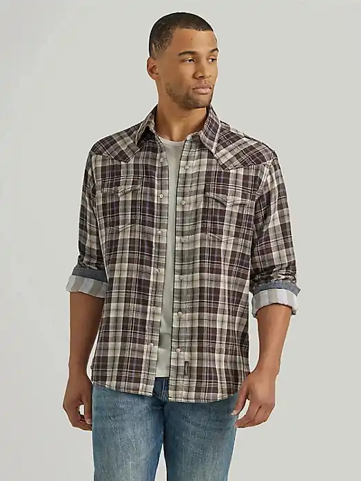 Retro Premium Long Sleeve Western Snap Plaid Shirt in Hazy Brown by Wrangler