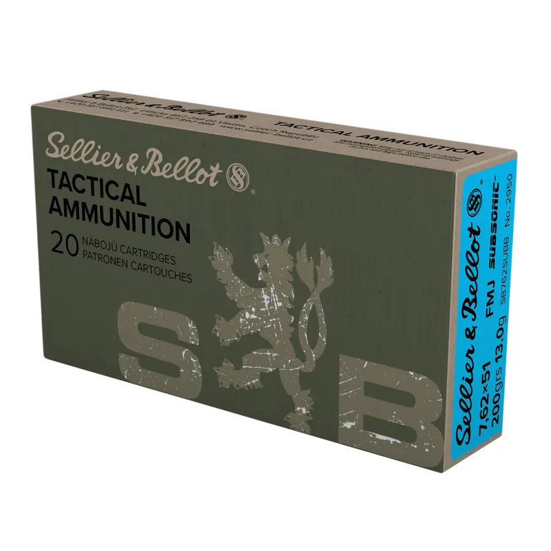 Sellier & Bellot 100 fps 308 Winchester 200 Grain Hollow Point Boat Tail Subsonic Rifle Ammunition