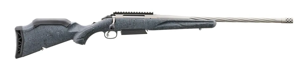 American Gen 2 7mm PRC Standard Rifle with Spiral Fluted Threaded Gun Metal Gray Cerakote Barrel in Gray Splatter Stock by Ruger