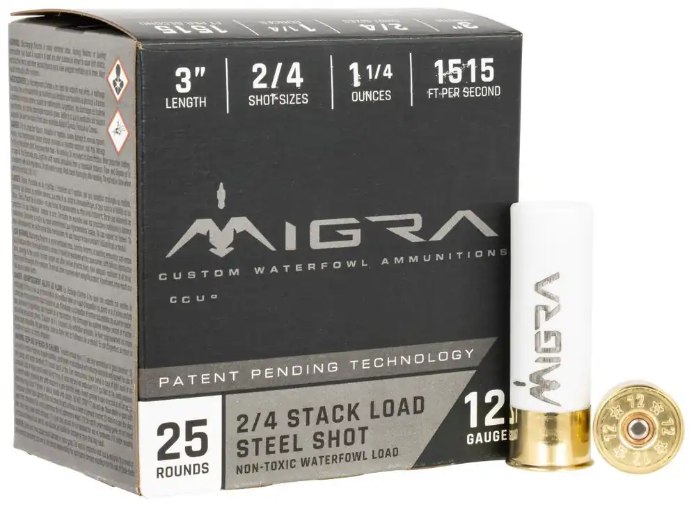 Migra Waterfowl 1,515 fps 12 Gauge 3" 1-1/4 oz 2 & 4 Stacked Load Steel Shot Shotgun Ammunition