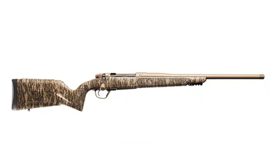 Evoke 7mm BackCountry Bolt Action Rifle with 20 Inch FDE Cerakote Threaded Barrel in Mossy Oak Bottomland Camo Stock by Christensen Arms