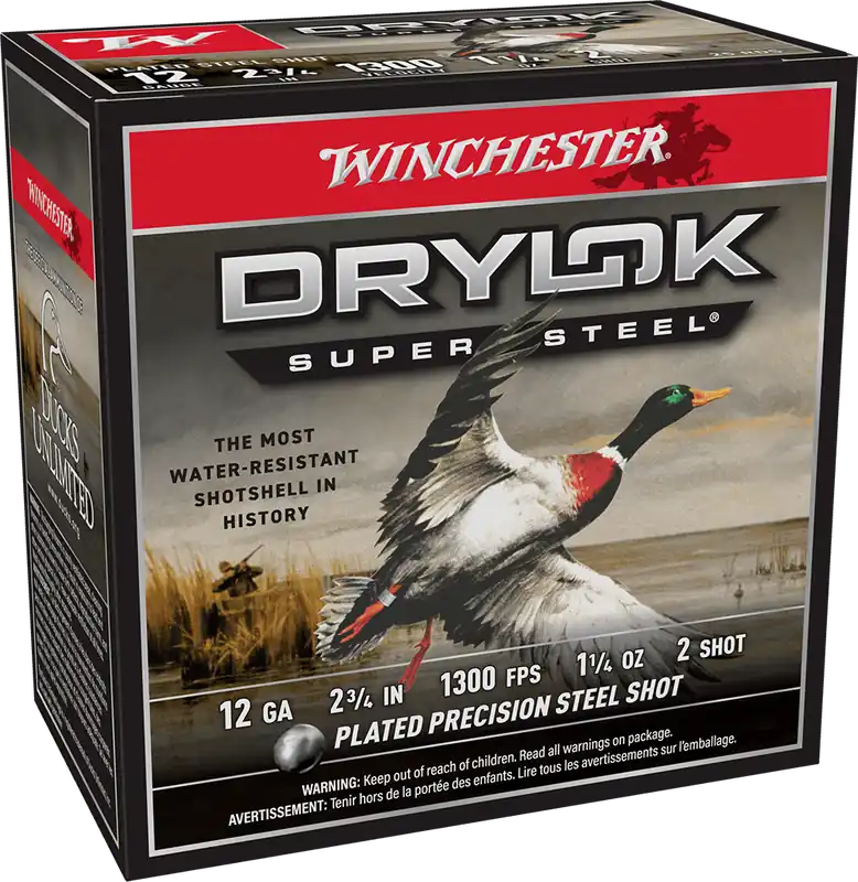 Winchester Drylok Super Steel 1300fps 12g Gauge 2-3/4" 1-1/4oz 2 Shot Waterfowl Shotgun Ammunition