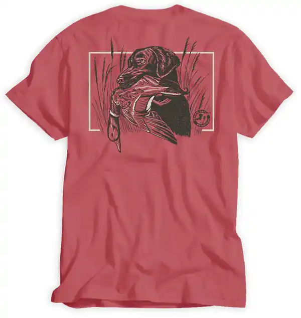 Men‘s Dog Hold Duck Short Sleeve Graphic Tee Shirt by Prairie Oaks