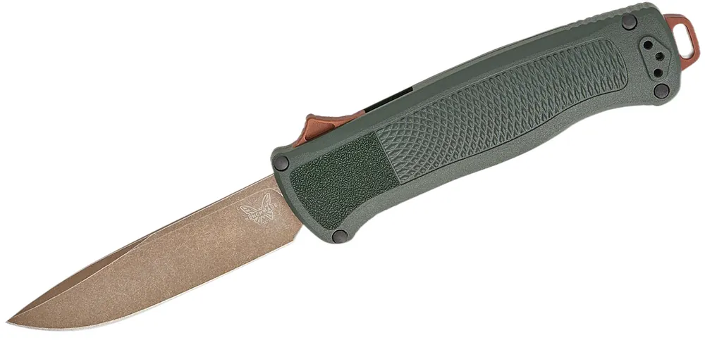 3.49 Inch Shootout Drop Point Taiga Green Battlewash Drop Point Blade Out The Front Knife by Benchmade