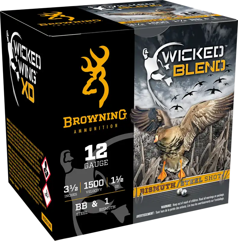 Browning Wicked Blend 1500fps 12 Gauge 3-1/2" 1-1/2oz BB and 1 Steel and Bismuth Blended Shot Shotgun Ammunition