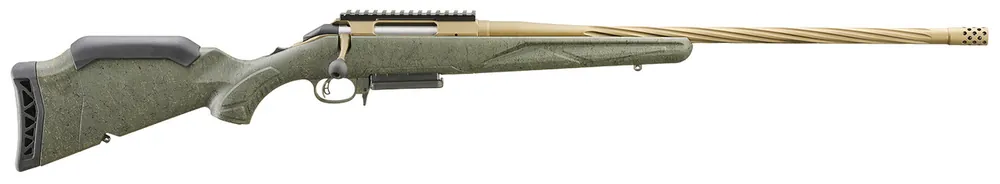 American Predator Gen 2 7mm PRC Bolt Action Rifle with 22 Inch Spiral Fluted Threaded Burnt Bronze Cerakote Barrel in Green Splatter Stock by Ruger