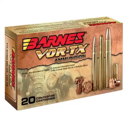 Barnes Vor-Tx Safari 2,150 fps 470 Nitro Express 500 Grain Banded Solid Flat Nose Rifle Ammunition