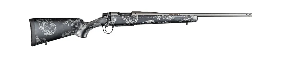 Christensen Arms Mesa FFRT 7 PRC Left Handed Bolt Action Rifle in Tungsten Cerakote with a Gray Accented Carbon Stock