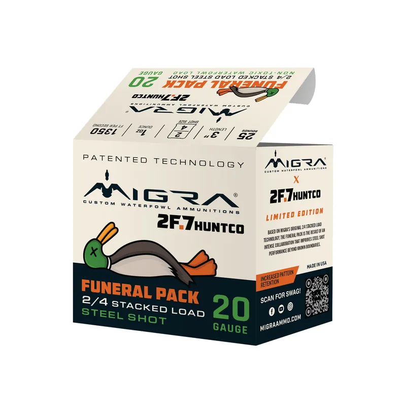 Migra Funeral Pack 1350 fps 20 Gauge 3" 1 oz 2 & 4 Stacked Steel Shot Shotgun Ammunition