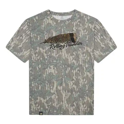 Men‘s Turkey Feather Washed Out Mossy Oak Greenleaf Camo Short Sleeve Tee Shirt by Rolling Thunder