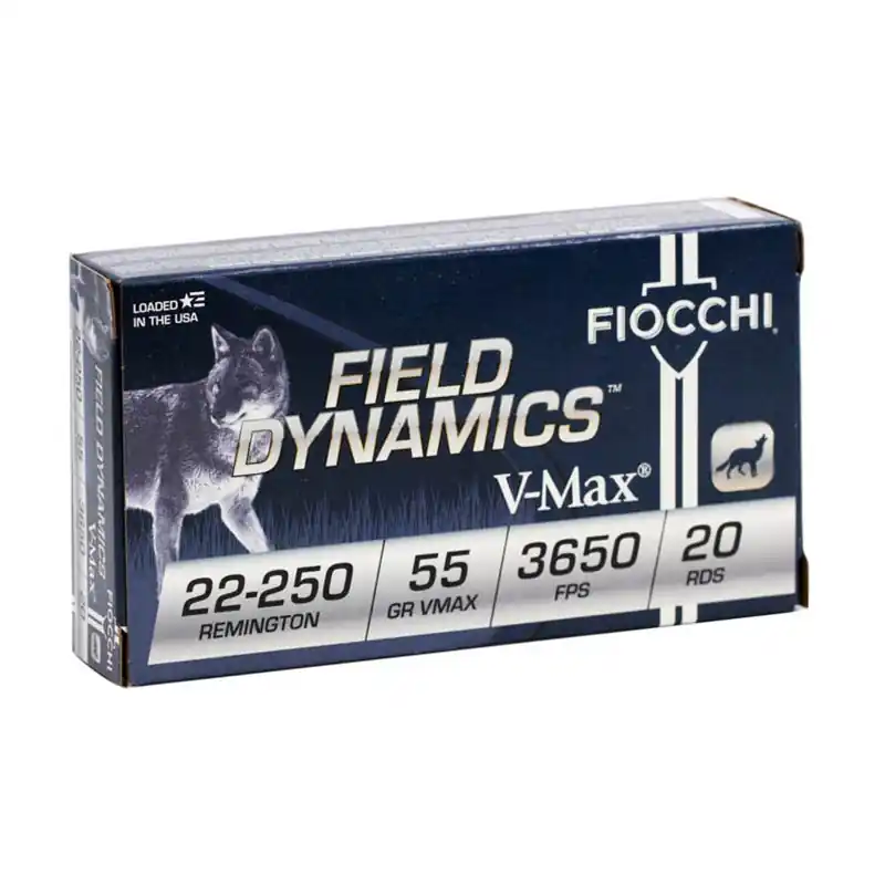 Fiocchi Field Dynamics 3,650 fps 22-250 Remington 55 Grain Hornady V-Max Rifle Ammunition