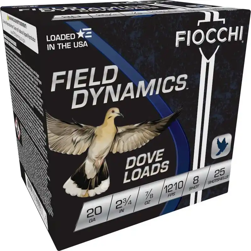 Fiocchi Field Dynamics 1210fps 20 Gauge 2-3/4" 7/8oz 8 Lead Dove Shot Shotgun Ammunition