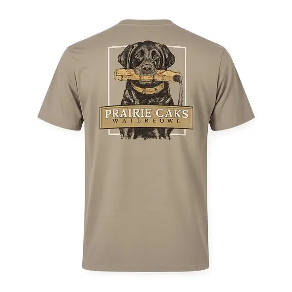 Men‘s Dog Holding Bumper Short Sleeve Graphic Tee Shirt by Prairie Oaks