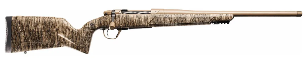 Evoke .270 Win Bolt Action Rifle with 22 Inch FDE Cerakote Drilled and Tapped Receiver in Mossy Oak Bottomland Camo Stock by Christensen Arms