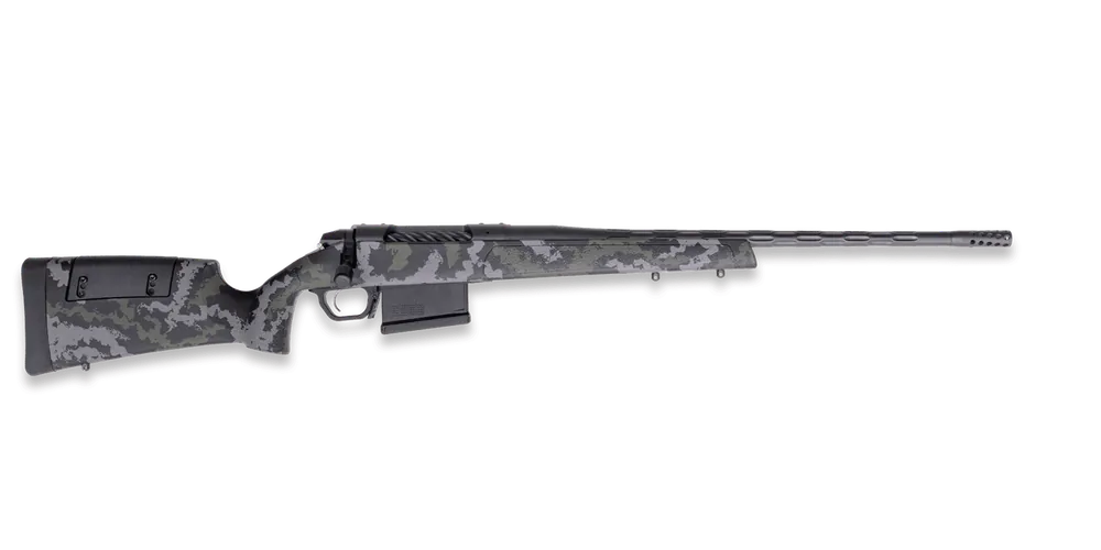 Weatherby Model 307 Range XP 2.0 25 Creedmoor Bolt Action Rifle with 24 Inch Fluted Graphite Cerakote Barrel and 2" Brake in Gray/Green Sponge Camo Stock