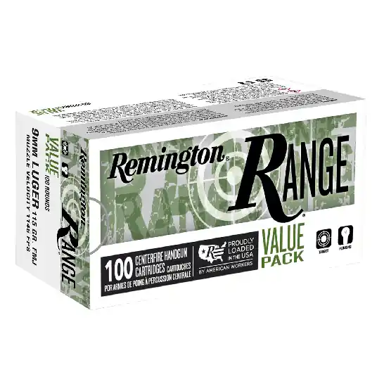 Remington Range 100 Round Value Pack 1,145 fps 9mm Luger 115 grain Full Metal Jacket Handgun Ammunition