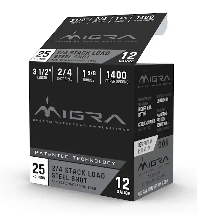 Migra Waterfowl 1,400 fps 12 Gauge 3-1/2" 1-5/ 8 oz 2 & 4 Stacked Load Steel Shot Shotgun Ammunition