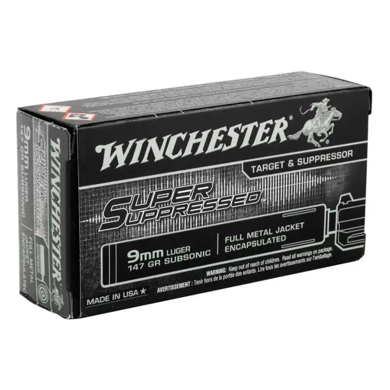 Winchester Super Suppressed 990 fps 147 Grain 9mm Luger Full Metal Jacket Handgun Ammunition