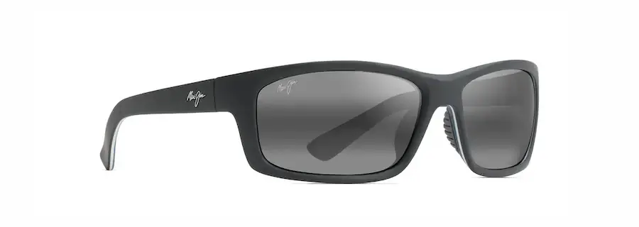 Kanaio Coast Sunglasses with Matte Soft Black with White and Blue Frame and Neutral Grey Lens by Maui Jim