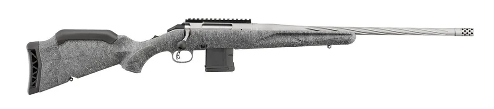 American Gen 2 .223 Bolt Action Rifle with 20 Inch Spiral Fluted Threaded Gun Metal Gray Cerakote Barrel in Gray Splatter Stock by Ruger