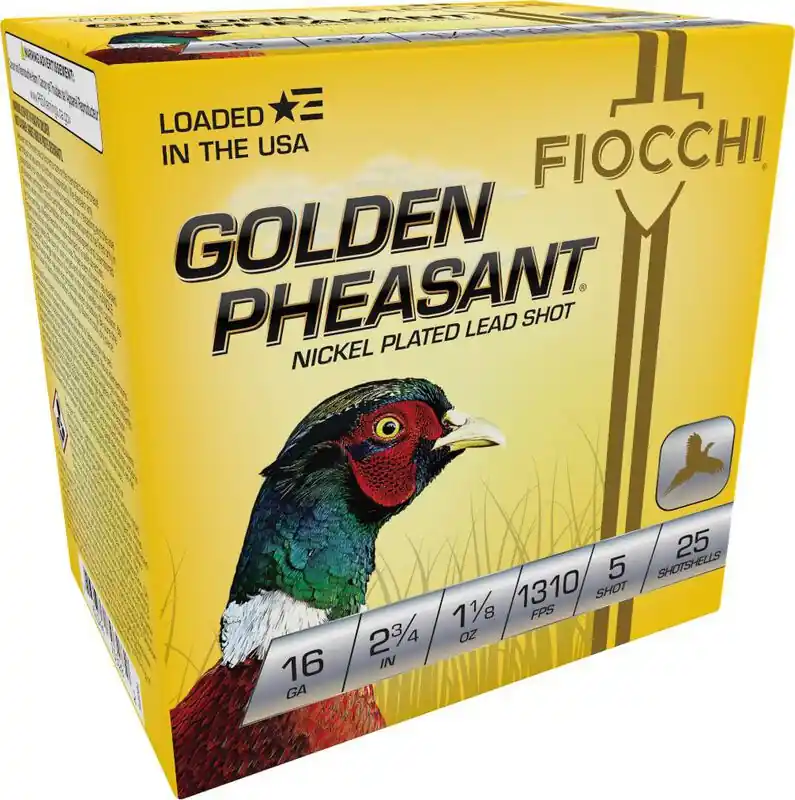 Fiocchi Golden Pheasant 16 Gauge 2-3/4" 1-1/8oz 5 Lead shot Shotgun Ammunition