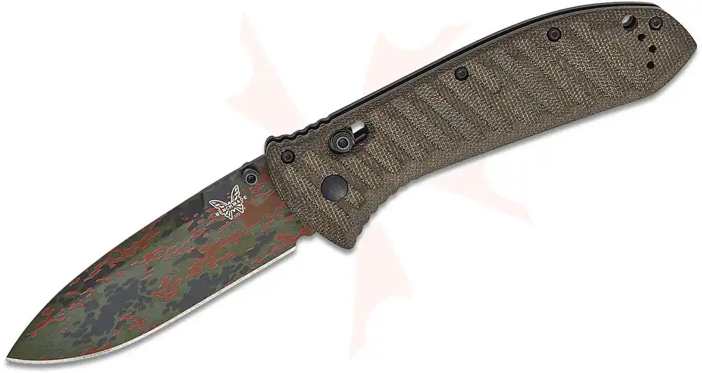SHOT Show 2026 Limited Edition Presidio II Axis Drop Point Blade Folding Knife with Camo Cerakote Blade and OD Green Canvas Micarta Handle by Benchmade
