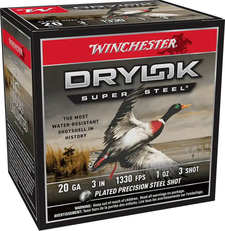 Winchester Drylok Super Steel 1,330 fps 20 Gauge 3" 1 oz 3 Plated Precision Steel Shot Shotgun Ammunition