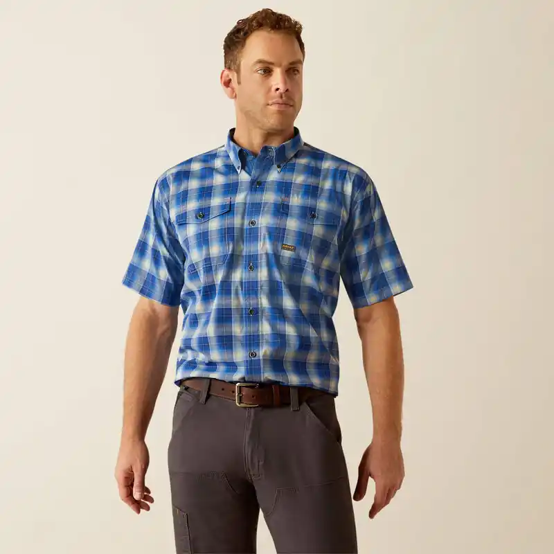 Rebar MT VentTEK Short Sleeve Shirt in Strongblue Plaid by Ariat