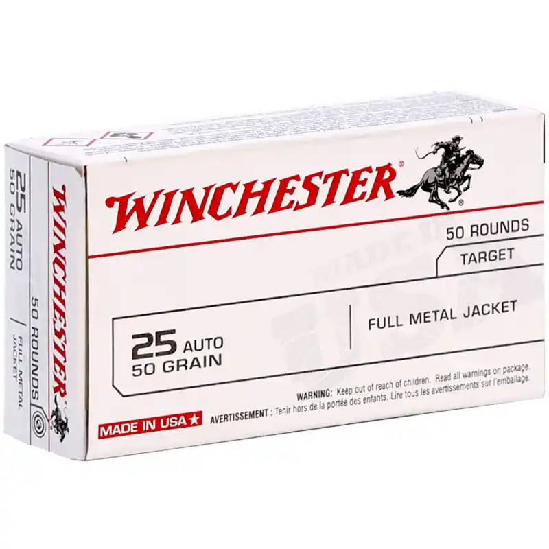 Winchester USA 760 fps 25 ACP 50 Grain Full Metal Jacket Handgun Ammunition