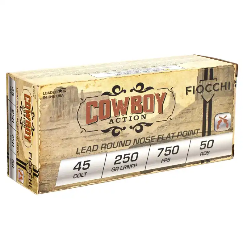 Fiocchi Cowboy Action 750 fps 45 Long Colt 250 Grain Lead Round Nose Flat Point Handgun Ammunition