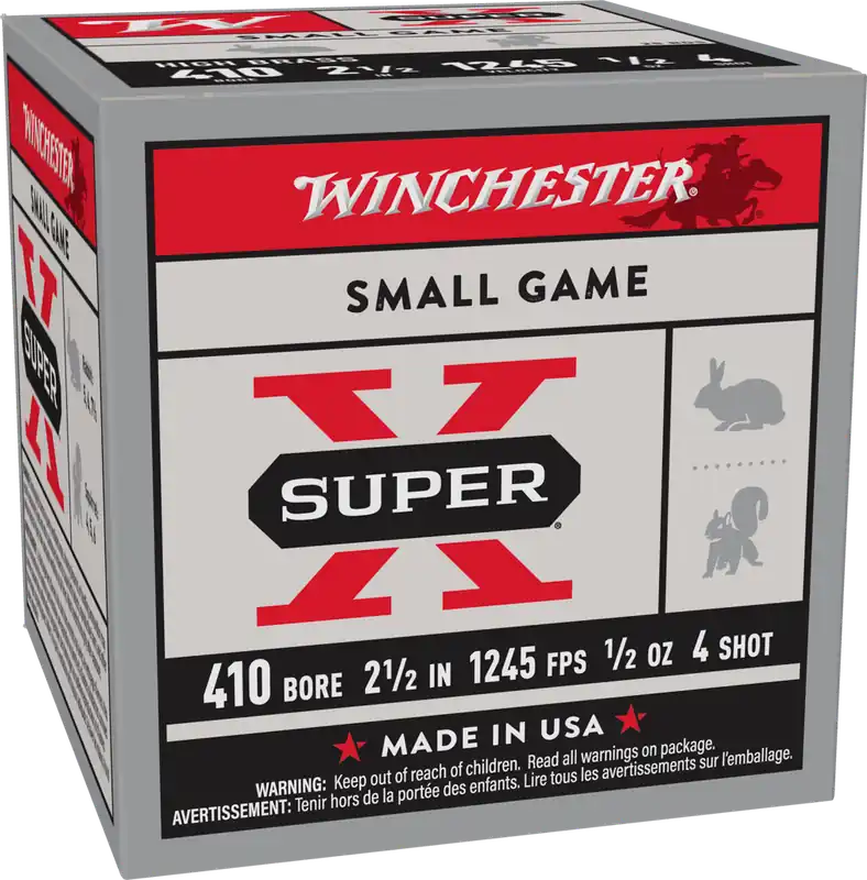 Winchester Super-X 1245fps .410 Gauge 2-1/2" 1/2oz 4 Lead Shot Small Game Shotgun Ammunition