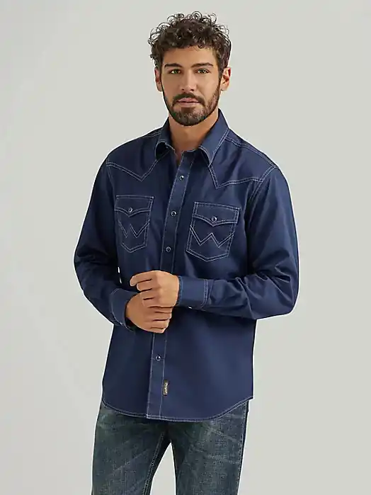 Wrangler Retro Premium Western Snap Solid Shirt in Rich Navy by Wrangler