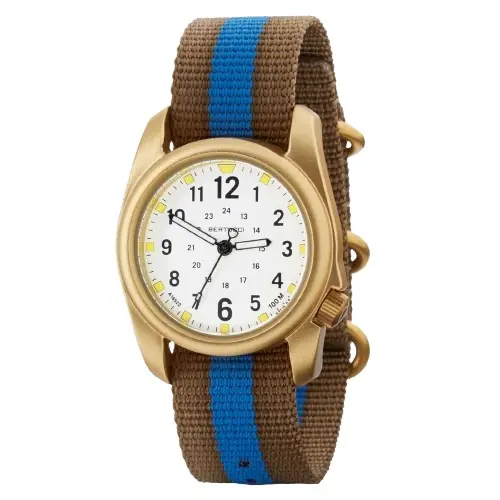 A-2a Golden Field - White Dial Gold Tone Case- 162g Coyote W/ Blue Pro-stripe Nylon Band