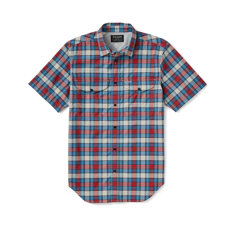 Twin Lakes Short Sleeve Sport Shirt - Blue/Cream/Red/Black Plaid - Medium