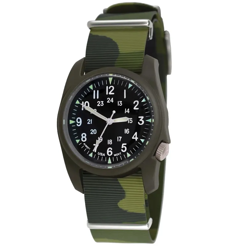 A-2ra Retroform Nato - Black Dial / Dark Olive Case- 275 Commando Camo - Olive Italian Rubber Nato Band