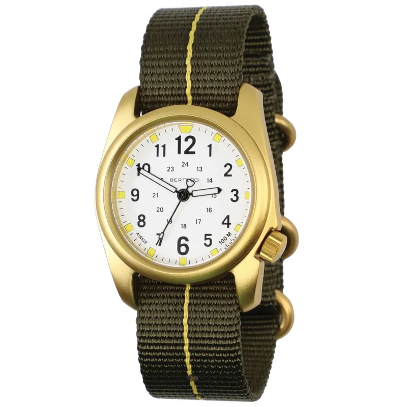A-2a Golden Field - White Dial Gold Tone Case- 368g Defender Olive Gold Stripe Nylon Band