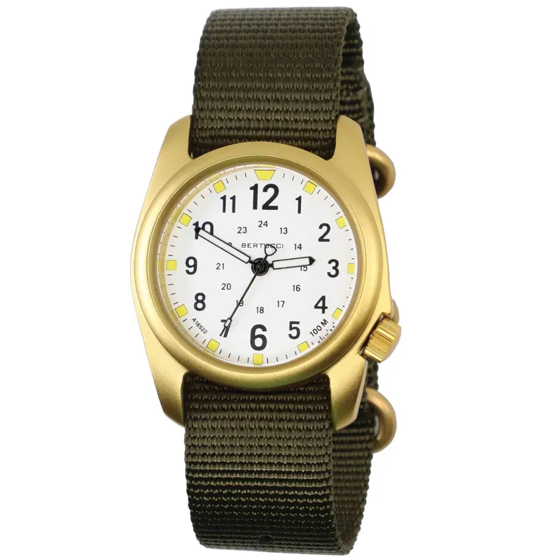 A-2a Golden Field - White Dial Gold Tone Case- 123g Defender Olive Nylon Band