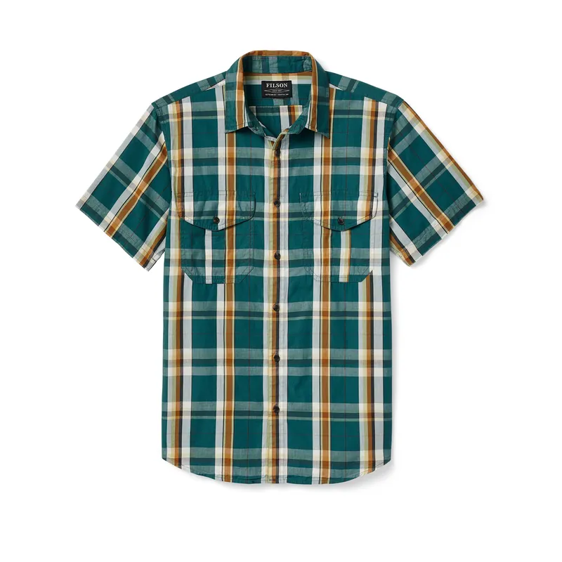 Men‘s Washed Short Sleeve Feather Cloth Shirt - Green/Gold/White Plaid - Small